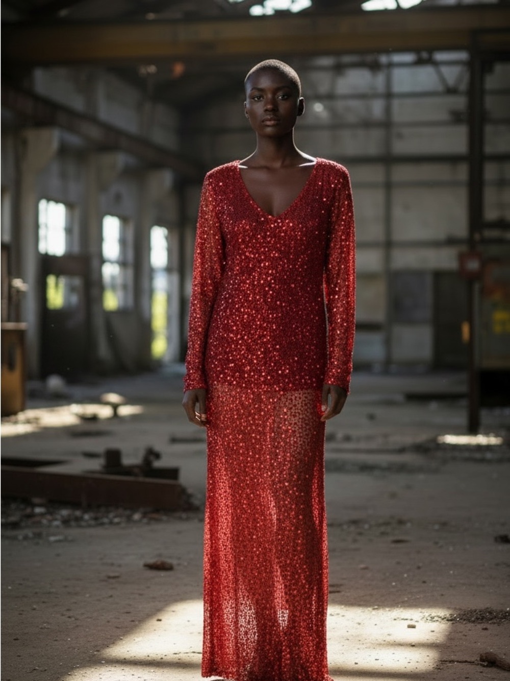 Fashion Nova Red Sequin V-Neck Long Sleeve Gown